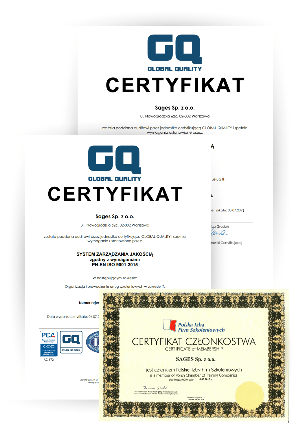 Images of three certificates: membership in the Polish Chamber of Training Companies and ISO 9001:2015 for organizing and providing IT training services, as well as implementing and consulting in highly specialized IT services.